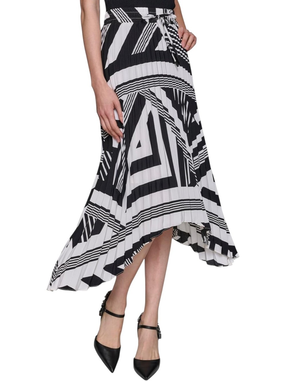 Karl Lagerfeld Paris Pleated Asymmetrical Midi Skirt NWT Black White Large